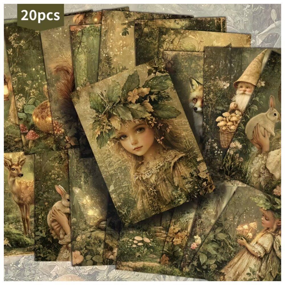NWT 20pc Vintage Forest Fairy Animals Postcard Set 4x6 Junk Journal Scrapbook